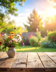 Flowers in a pitcher sit on a wooden table with a blurred garden background and golden sunlight