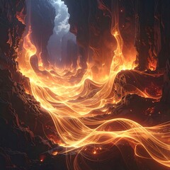 Fiery river flows through rocky canyon under a cloudy sky, vibrant orange and red hues dominate the landscape