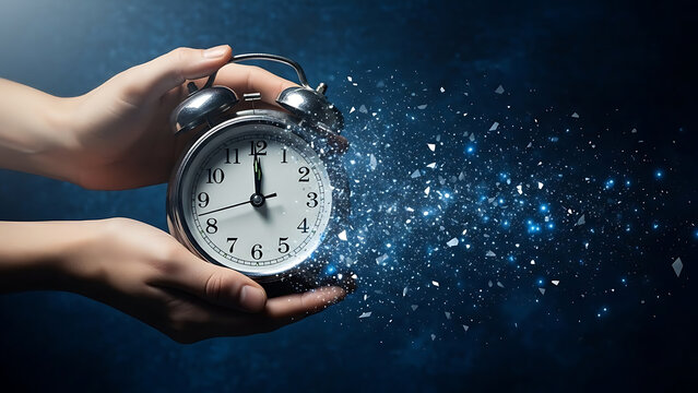 Alarm Clock in Hand Exploding Dust