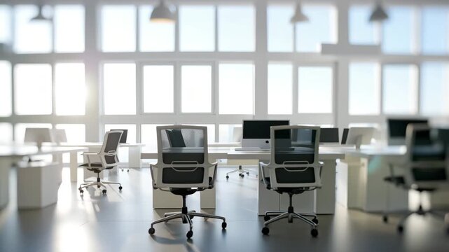 Modern office space with sleek white desks and ergonomic chairs