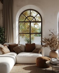 Modern living room with a large arched window showcasing autumn foliage, a beige sofa with brown cushions, and dried flower arrangement.