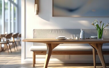 Minimalist dining setting with a wooden table with a light gray bench, simple white dishes, and a vase of white flowers.