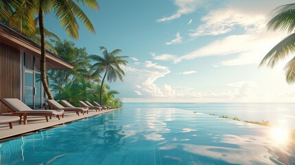 Luxurious tropical resort with an infinity pool overlooking the ocean with comfortable lounge chairs for relaxation.