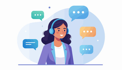 A friendly woman with headphones surrounded by chat bubbles, representing customer service or communication.