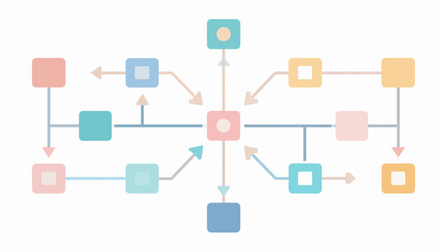 Abstract diagram illustrating a decentralized network or interconnected system with colorful nodes and directional arrows.