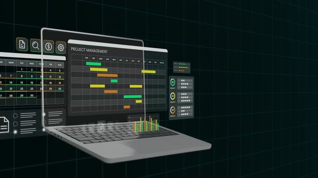 Laptop display showcasing a professional project management board with task bars and corporate scheduling timelines.