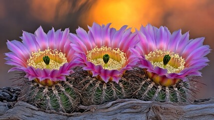 Beautiful blooming cactus flowers with vibrant pink petals against a soft sunset background in desert environment