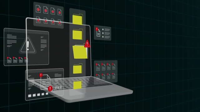 Laptop display showcasing advanced cyber security monitoring with exclamation mark warnings and protected file folders.