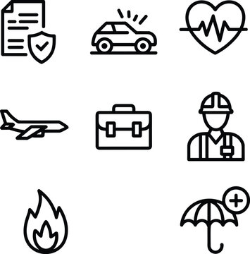 Set of black line icons featuring car insurance, health heart rate, travel airplane, life umbrella, fire hazard, work briefcase, and occupational construction safety symbols.