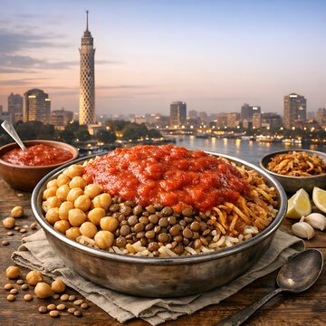 Traditional Egyptian Koshary bowl with Cairo Tower skyline view at sunset