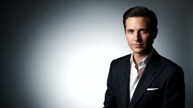 Confident businessman in a tailored suit poses against a gradient backdrop, exuding professionalism and charisma