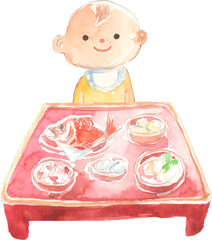 お食い初めをする赤ちゃんの水彩イラスト　ベクター