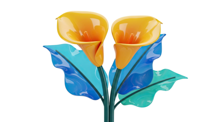 Two Orange Calla Lilies with Blue and Teal Leaves