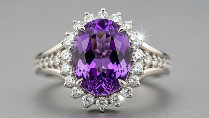 Elegant oval amethyst and diamond silver ring with intricate detailing on polished band in luxurious setting