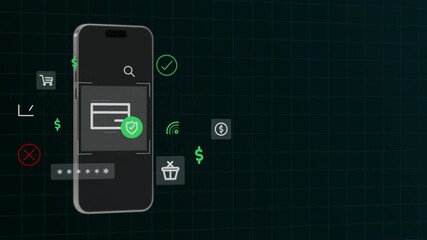 Smartphone screen displaying a credit card icon with a green security shield for safe online transaction concepts. - Powered by Adobe