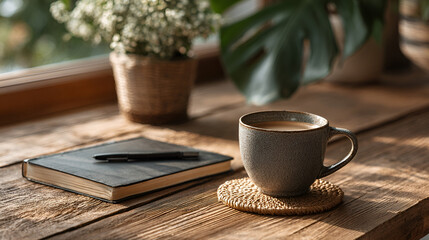 A serene morning setup with a cup of coffee on a wooden desk next to a notebook and pen by a sunny window with a potted plant in the background for a cozy lifestyle scene with relaxation with calm