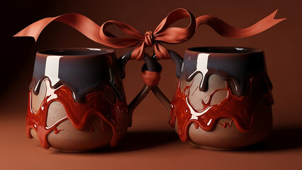 Two decorative ceramic mugs with dripping glaze tied together with a ribbon.