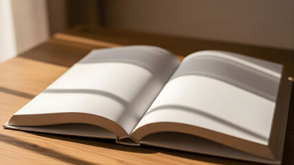Open book with pristine blank pages, bathed in soft sunlight and intricate shadows on a warm wooden table, symbolizing new ideas, fresh starts, and future stories