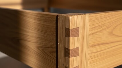Close-up of wooden furniture corner with dovetail joints highlighting craftsmanship and natural wood grain patterns