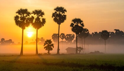 Serene tropical landscape with palm trees at sunrise