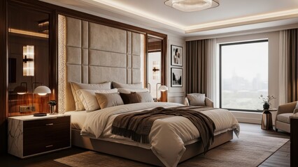 Luxurious modern bedroom with plush bed, elegant lighting, and large window overlooking cityscape in neutral tones