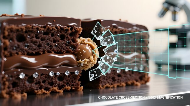 chocolate cake macro cross section with digital hologram analytics in modern laboratory environment - Powered by Adobe