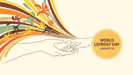 World leprosy day illustration with hands holding and colorful abstract human figures emerging from the side symbolizing support and awareness for the disease on january