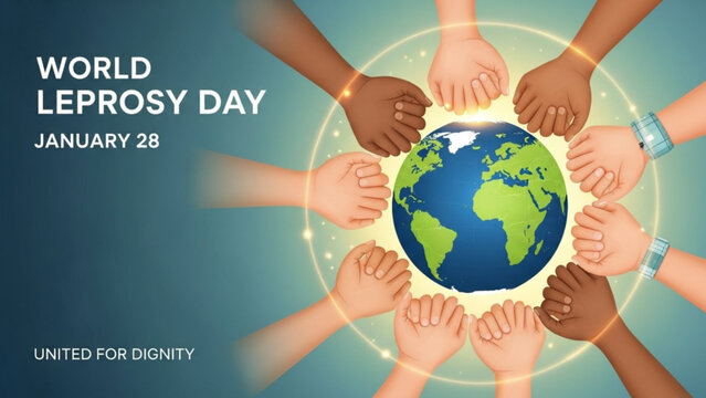 Diverse hands united around globe on world leprosy day january 28 symbolizing global unity and awareness for dignity with Leprosy Awareness and Awareness Campaign