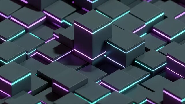 Isometric Dark Cubes with Neon Blue and Pink Lights Abstract Design