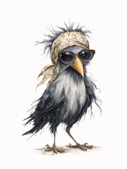 Obraz premium a funny crow with glasses and a head scarf
