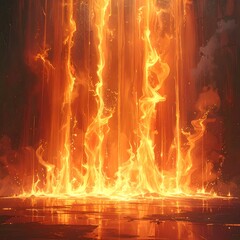 Fiery streams descend to a reflective surface, bathed in warm, incandescent light, creating an atmosphere of heat and drama