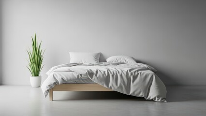 Minimalist bedroom with wooden bed frame and white bedding in a modern setting