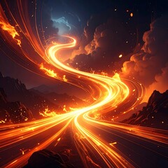 Fiery streams light a dark, cloudy landscape, flowing among mountain silhouettes and toward a stormy horizon