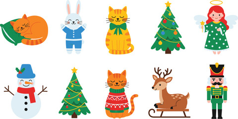 Fototapeta premium Cute Christmas character set with animals holiday symbols festive decorations isolated on white background vector illustration