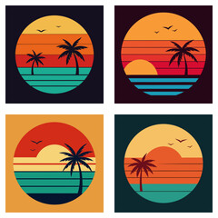 Four vintage minimalist illustrations of sunset beaches with palm trees, evoking a nostalgic and relaxed mood perfect for retro design projects.