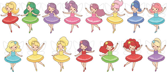 Cute dancing fairy girls collection with colorful dresses wings and hairstyles isolated on white background vector illustration © Prodip