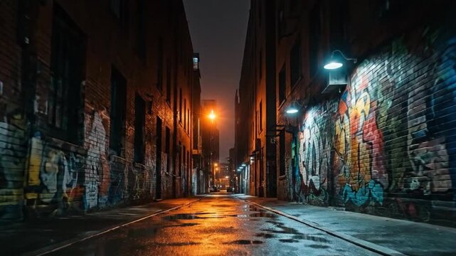 Urban back alley graffiti art with wet pavement and moody night light.