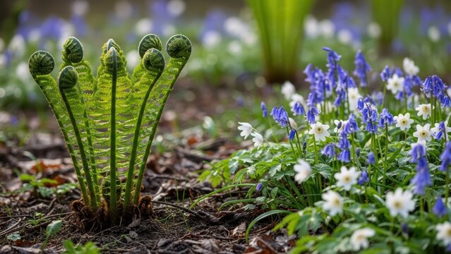 Close-up of fern fiddleheads and spring wildflowers in bloom amid lush greenery in a vibrant forest setting