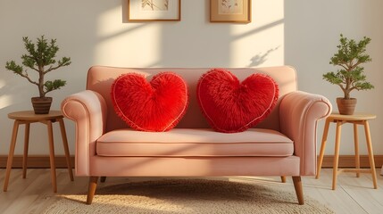 cozy valentines living room with red heart fluffy pillows on sofa