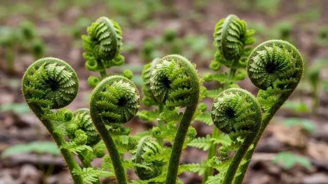 Close-up of vibrant green fern fiddleheads unfurling in natural forest setting with soft focus background