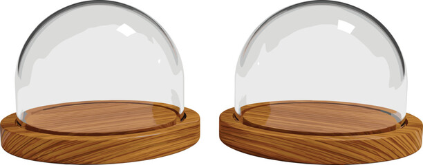 Glass display dome set with wooden base for product showcase presentation isolated on white background realistic vector illustration © Prodip