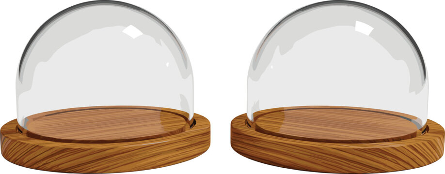 Glass display dome set with wooden base for product showcase presentation isolated on white background realistic vector illustration
