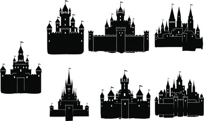 Fototapeta premium Collection of Black Medieval Castle Silhouettes with Towers and Flags Representing Fairy Tales Fantasy Architecture History Fortresses and Kingdom Defense
