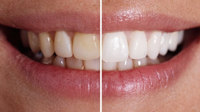 Before and After Teeth Whitening Showing Change From Yellow Stained Teeth to Bright White Smile in Close-Up Split View for Dental Care Advertisement