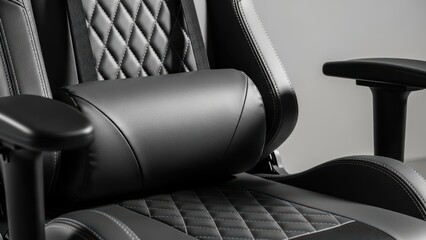 Fototapeta premium Ergonomic black leather gaming chair with quilted padding and adjustable armrests for ultimate comfort