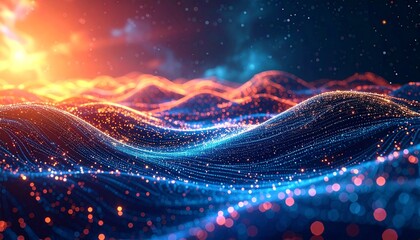 Abstract digital ocean waves with glowing particles under a cosmic sky, a futuristic and ethereal visualization of data flow and connectivity