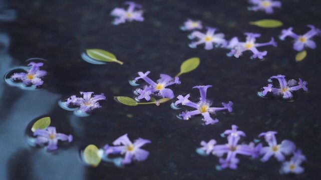Asmr Serene close-up of delicate purple flowers and green leaves gently floating on a dark, tranquil water surface with subtle reflections.