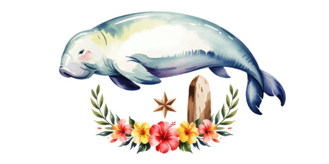 Watercolor manatee illustration with tropical hibiscus flowers, nautical star and sea plants on transparent background, coastal clipart