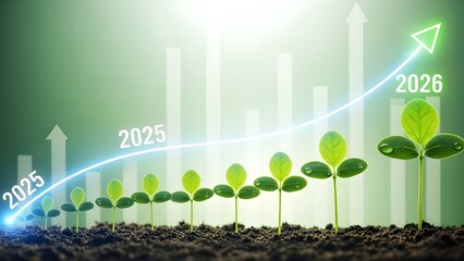 Growing young plant showing increase in performance with a financial graph and arrow pointing upward