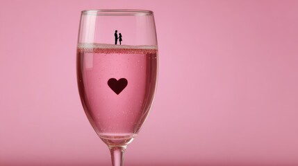 Romantic Silhouette of Couple in Wine Glass with Heart on Pink Background